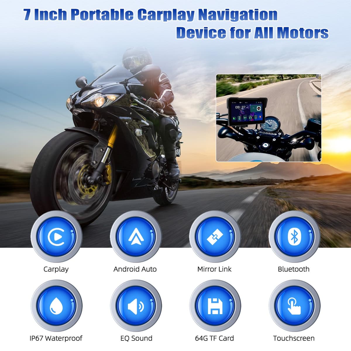 [2025] CAMECHO 7 Pulgadas Inalámbrico Moto Carplay Android Auto, IP67 Impermeable HD Pantalla Táctil GPS Display para Motos con Doble Bluetooth +EQ Airplay Android Cast Siri, G00gle Assistant — view 2