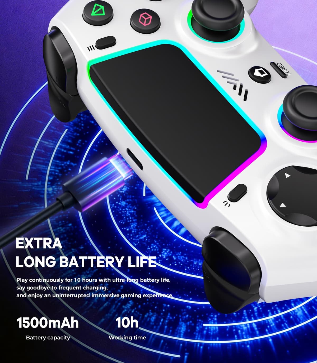 SFGSUP Wireless Controller for PS5/PC/MAC/iOS/Android/Steam Deck, With Hall Effect Joystick&Trigger/8 RGB Lighting/Turbo/Dual Vibration/Programmable/Headset Jack/Touchpad/1500 mAh Battery, White&Black — view 4