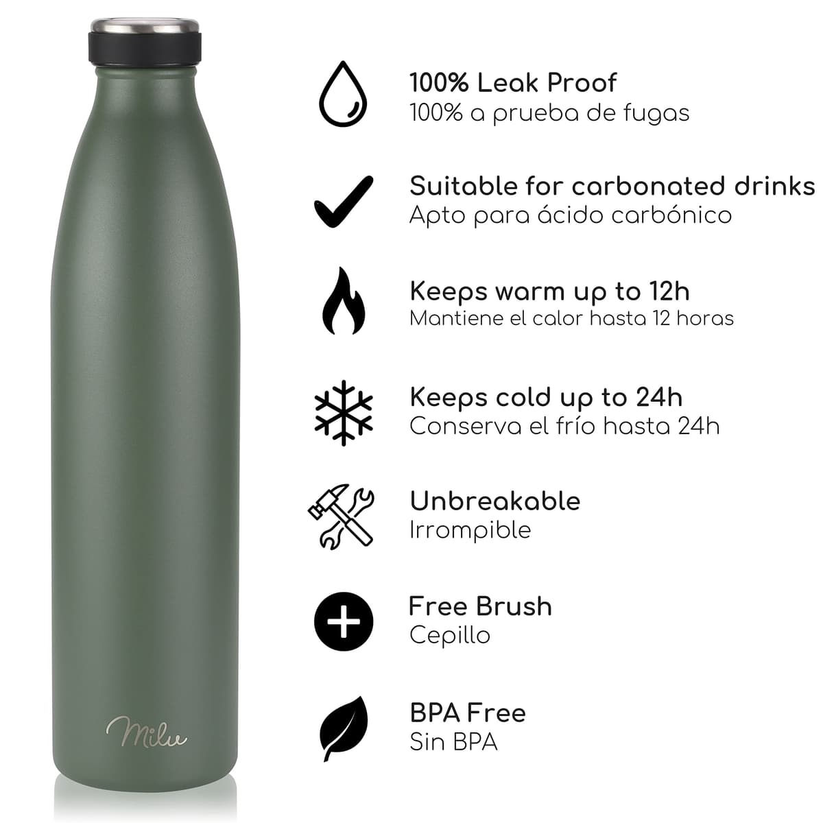 Milu Botella de acero inoxidable de 350ml 500ml 750 ml 1 L 1,5 L botella de agua aislada, termo a prueba de fugas, doble pared, apta para ácido carbónico + cepillo de limpieza (Verde oliva, 1,5 L) — view 2