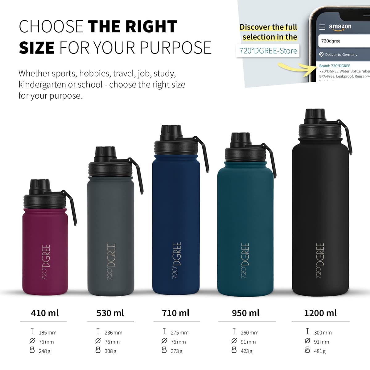 720°DGREE Vaccum Insulated Water Bottle “noLimit“ - 410ml, 530ml, 710ml, 950ml, 1200ml - Leakproof, BPA-Free, Thermo Stainless Steel Flask - Sports, Gym, School, Travel, Carbonated Drinks +Sports-Cap — view 3
