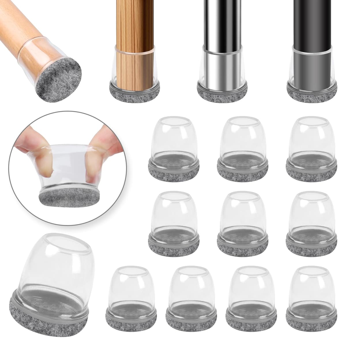 Ezprotekt Protectores de Suelo Transparentes para Patas de Silla 20-28mm, 16 Tapones de Silicona con Fieltro Envuelto, Fundas de Silicona Redondo — view 58