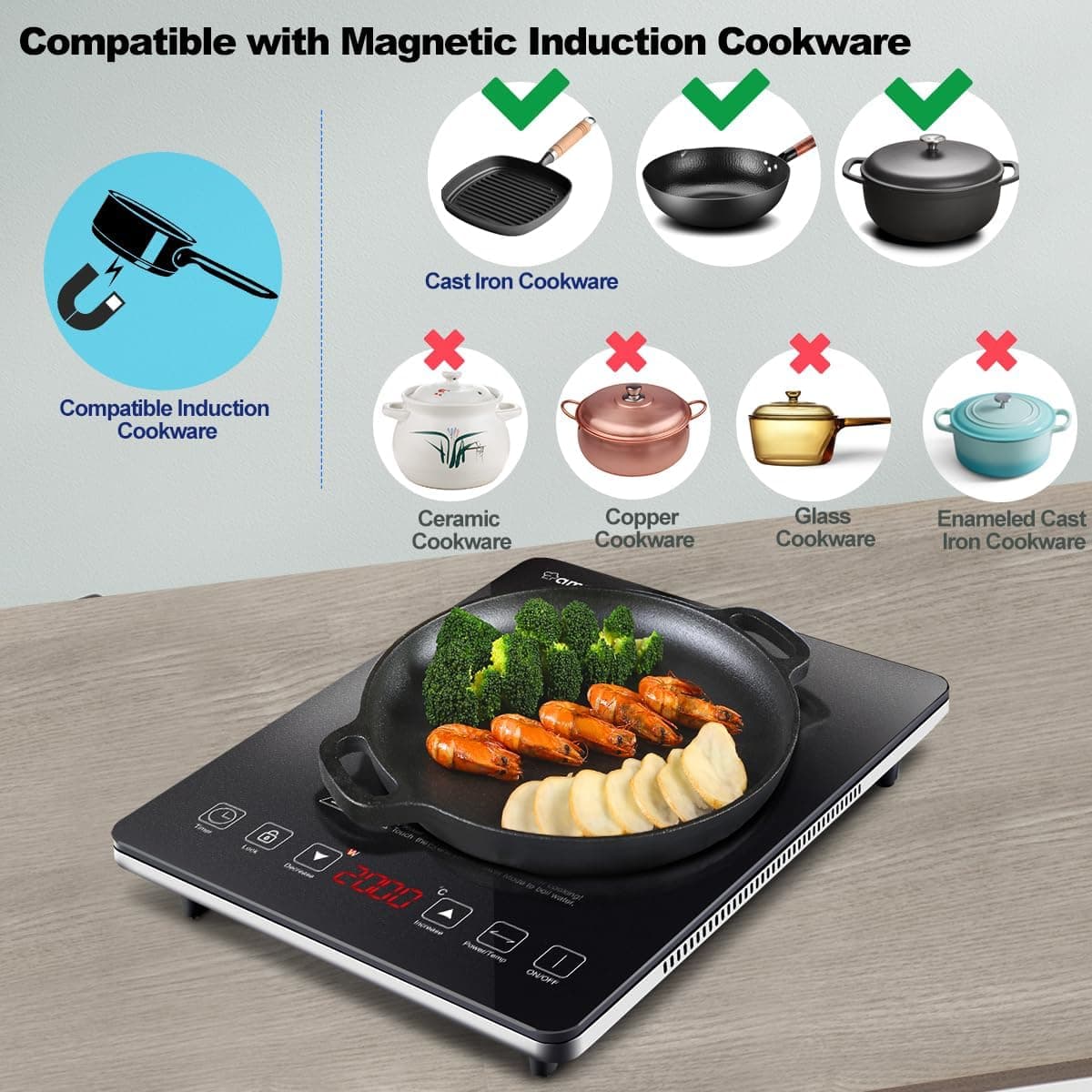 AMZCHEF Single Induction Cooker, Ultra-thin Induction Hob with Fashion Look, 10-level Power and Temperature Control, Black Frosted Glass Panel, Touch Sensor, 3-hour Timer, Safety Lock — view 5