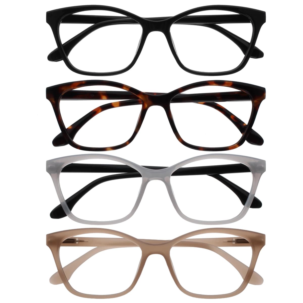 OPULIZE KAT Gafas de Lectura - Pack de 4 - Montura Ojo de Gato - Negro, Marrón, Gris, Topo - Hombres y Mujeres - Bisagras de Muelle - RRRR59-127U - +1.00