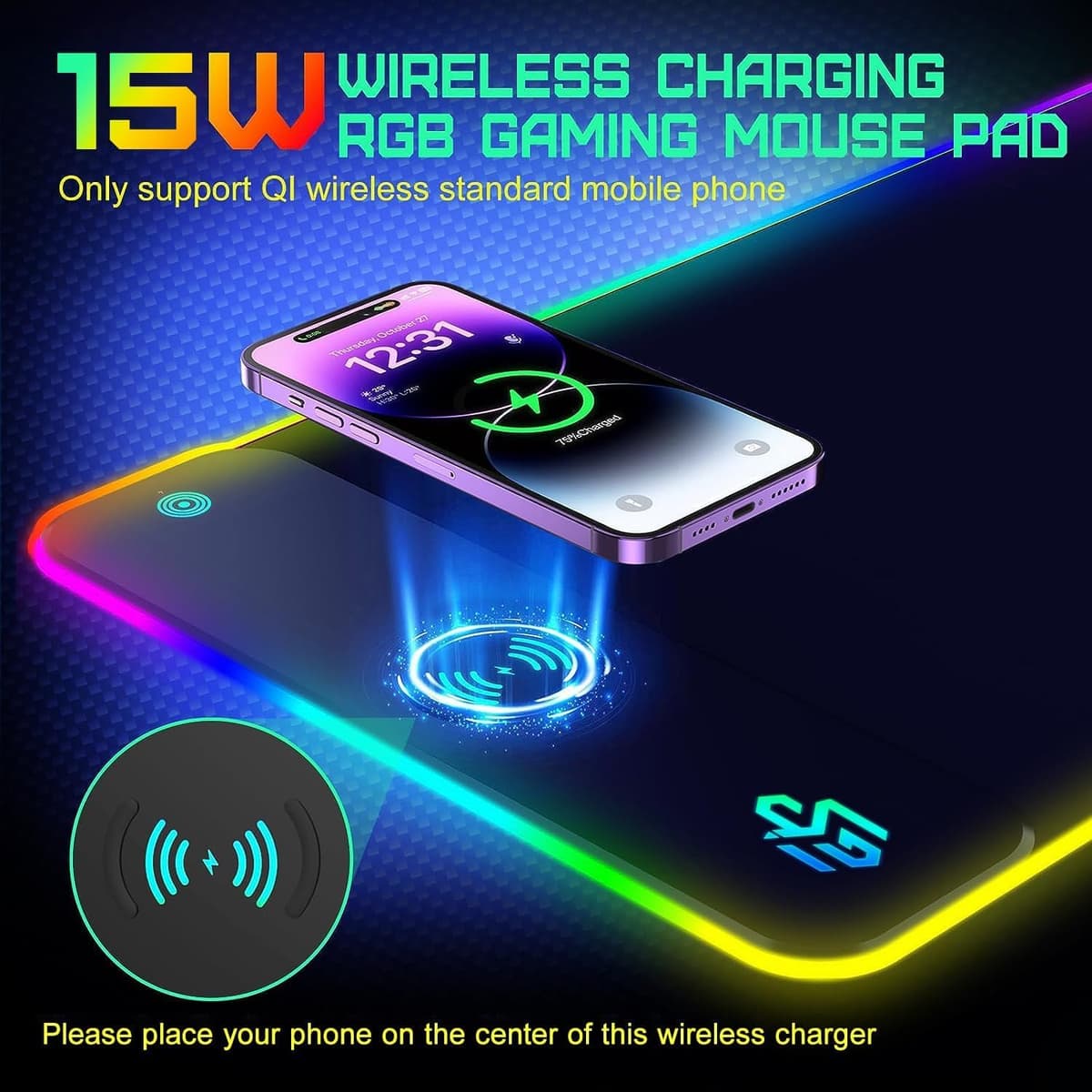 GIM Wireless Charging RGB Gaming Mouse Pad 15W, LED Mouse Mat 800x300x4MM, 10 Light Modes Extra Large Mousepad Non-Slip Rubber Base Computer Keyboard Mat for Gaming, MacBook, PC, Laptop, Desk — view 4