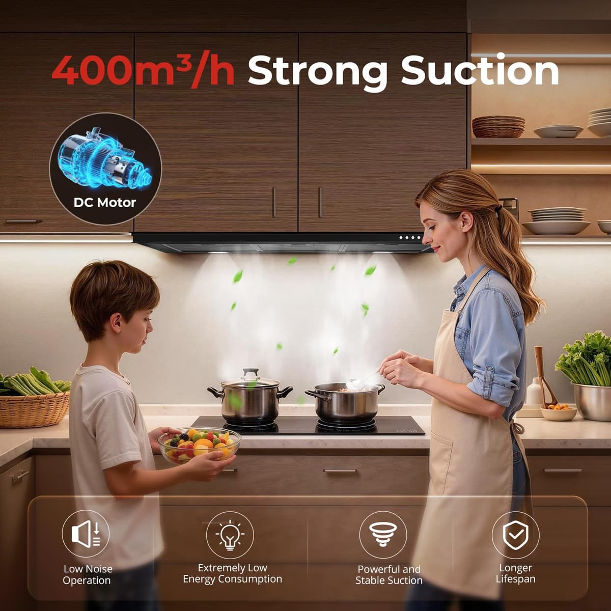 SNDOAS 90 cm Cooker Hood, Class A+++, 3-Speed Wall Mounted Range Hood, Extractor Hood, 400m³/h Extractor Fan kitchen with Carbon Filters, Black — view 2