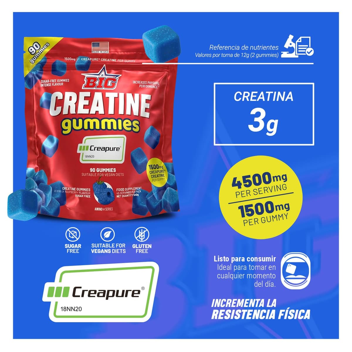 BIG - Gominolas de Creatina Monohidrato Creapure Sabor a Frambuesa Acida, 90 Gummies para Entrenamiento de Fuerza y Masa Muscular, Textura Suave, Megadosis 4.5g por toma (45 tomas) — view 4