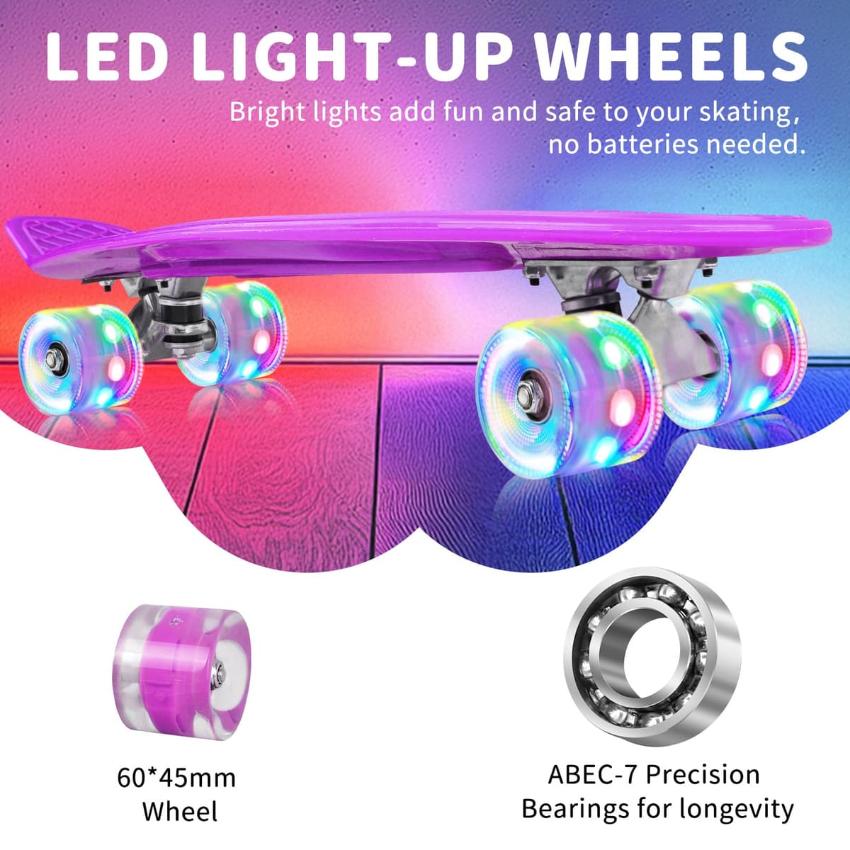 BELEEV Skateboard Complete 22 x 6 Inch Mini, para Niños, Adolescentes, Principiantes, Ruedas con luz LED de PU con Herramienta en T para Patines Todo en Uno, Monopatín 55cm — view 2