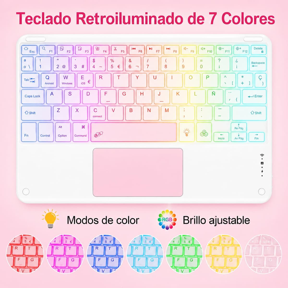 Teclado Bluetooth con Touchpad para iPad,Teclado Español Ñ Inalámbrico Retroiluminado para Tablets,Android,iOS y Windows,Teclado con 7 Colores Recargable Portátil QWERTY para iPad,Samsung,Huawei — view 3