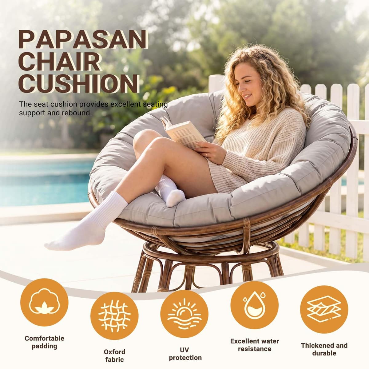 Papasan Chair Cushion Outdoor: Waterproof Egg Nest Replacement Breathable Hammocks Swing Seat Pad Round Soft Supportive Pillow for Indoor Garden (Light gray, 60cm) — view 5