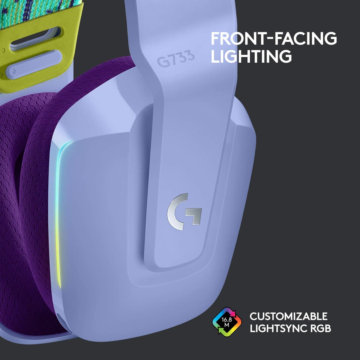 Logitech G G733 LIGHTSPEED Wireless Gaming Headset with suspension headband, LIGHTSYNC RGB, Blue VO,CE mic technology and PRO-G audio drivers, Lightweight, 29 Hour battery life, 20m range - Lilac — view 5