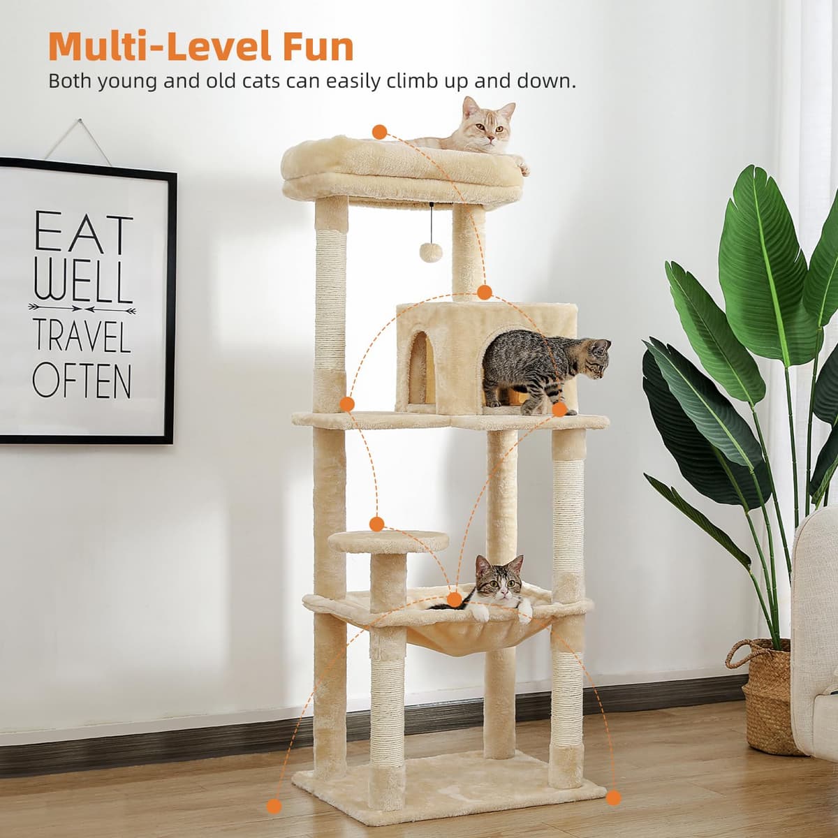 PAWZ Road 143cm Cat Tree for Indoor Cats with Metal Frame Large Hammock, 56.3 Inches Big Cat Tower with Scratching Posts and Top Perch, 4.7ft Multi-Level Activity Center with Replaceable Pompon, Beige — view 4