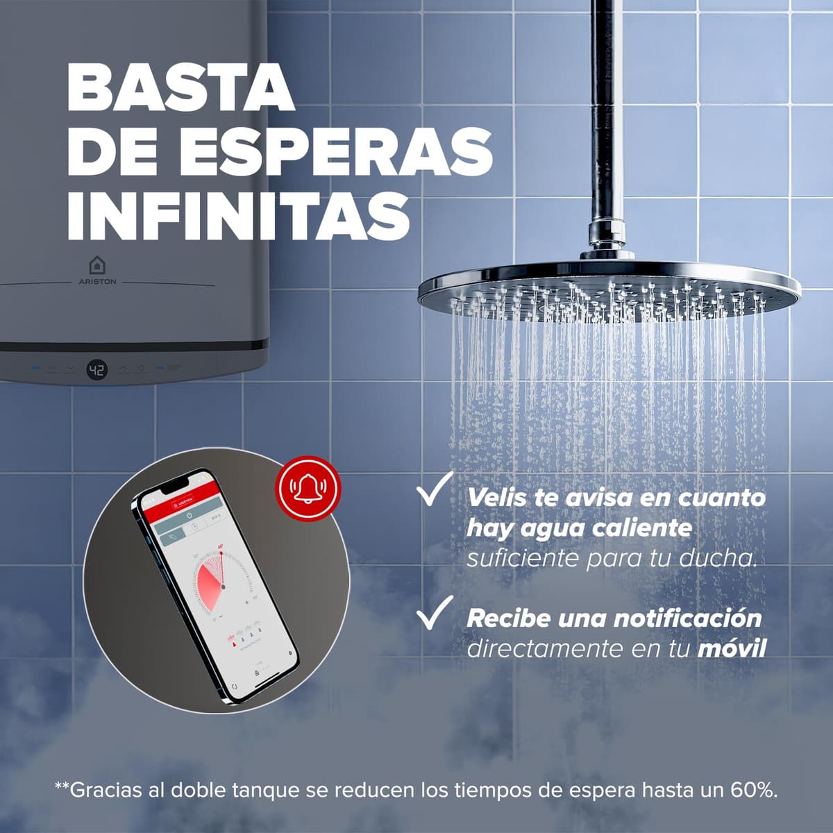 Ariston Velis Pro Wifi (ex.DUO 5 Fleck)- Termo Eléctrico 50 Litros Bajo Consumo Multiposición, Calentador de Agua 79,7x27,5x51,1 para Instalación España, Eficiencia B Rango(A+/F), Compatible con Alexa — view 3