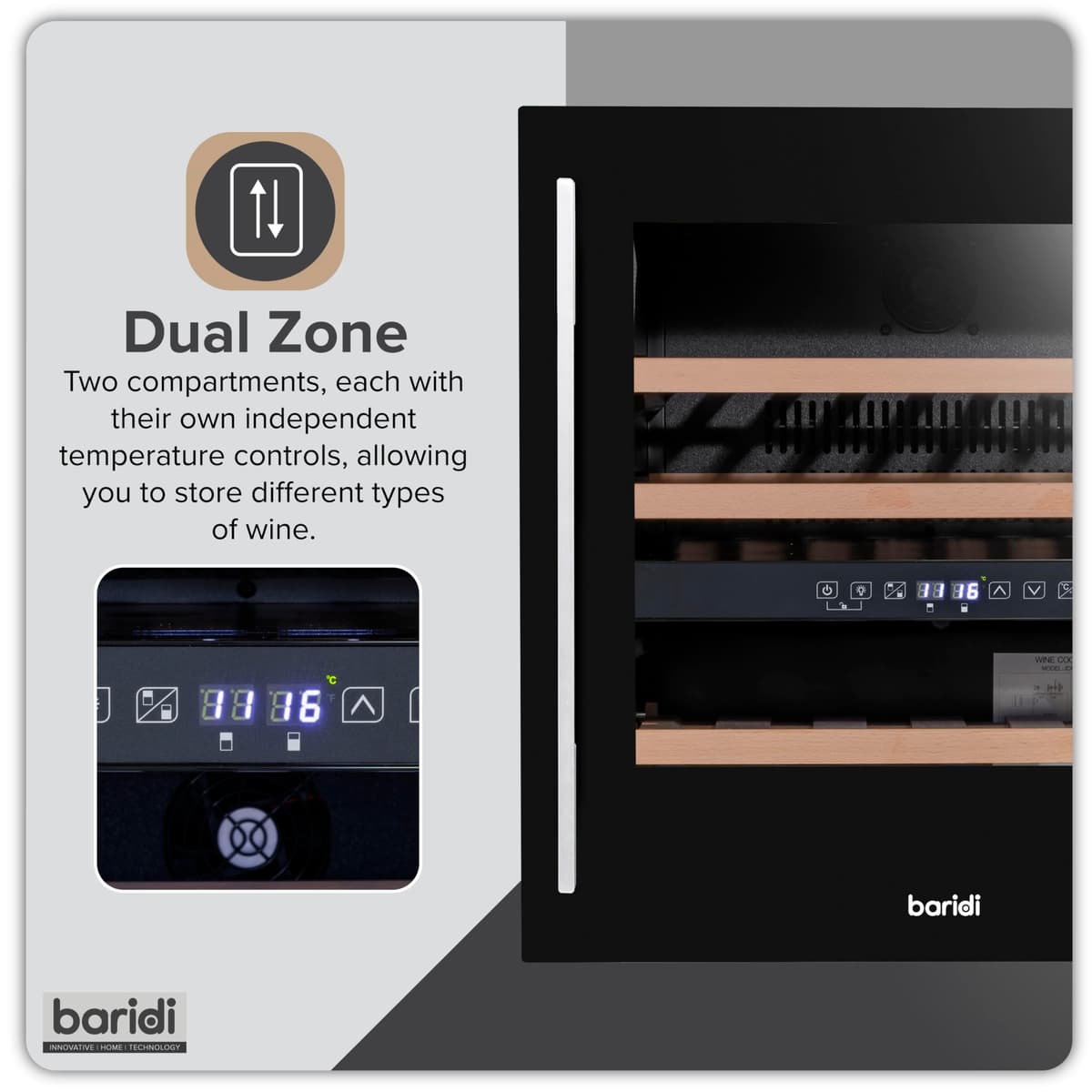 Dellonda Baridi 60cm Built-In 36 Bottle Wine Cooler with Beech Wood Shelves and Internal LED Light, Black - DH117 — view 4