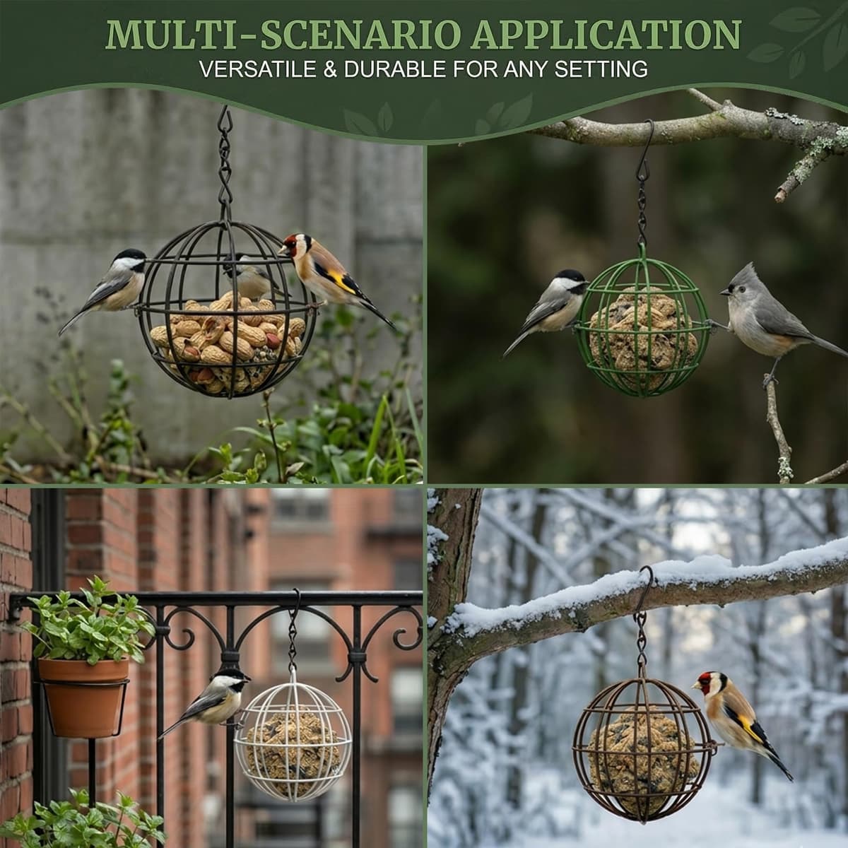 3 Pcs comedero pajaros exterior, Bola de Grasa Alimentador de Aves, Metal Suet Bola Alimentadores, Colgando Wild Bird Seed Holder, Ardilla a Prueba de Aves Alimentadores para Patio al Aire Libre — view 5