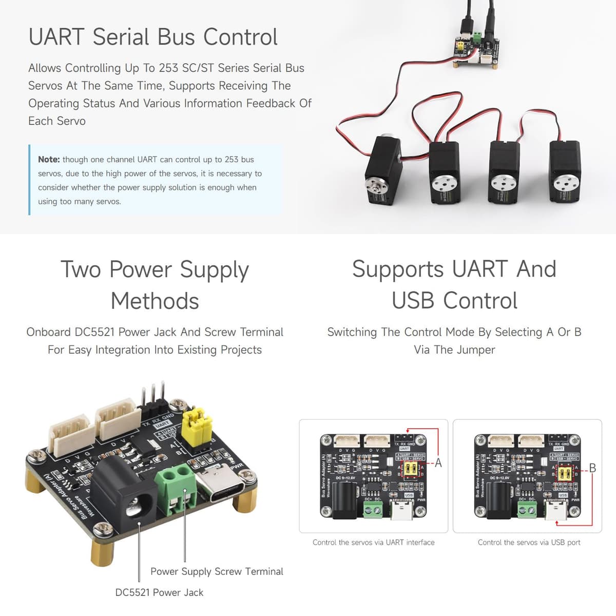 Waveshare Serial Bus Servo Driver Board, Integrates Servo Power Supply & Control Circuit, Applicable for ST/SC Series Serial Bus Servos, Small Size, Easy to Integrate — view 4