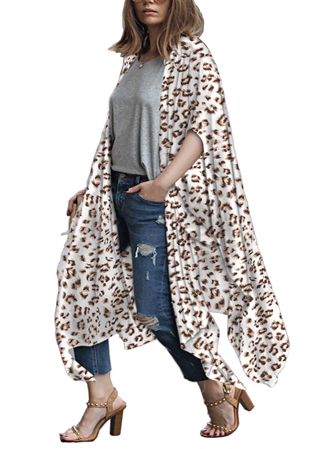 MayBuy Women's Summer Long Flowy Kimono Cardigans Boho Chiffon Floral Beach Cover Up Tops — view 14