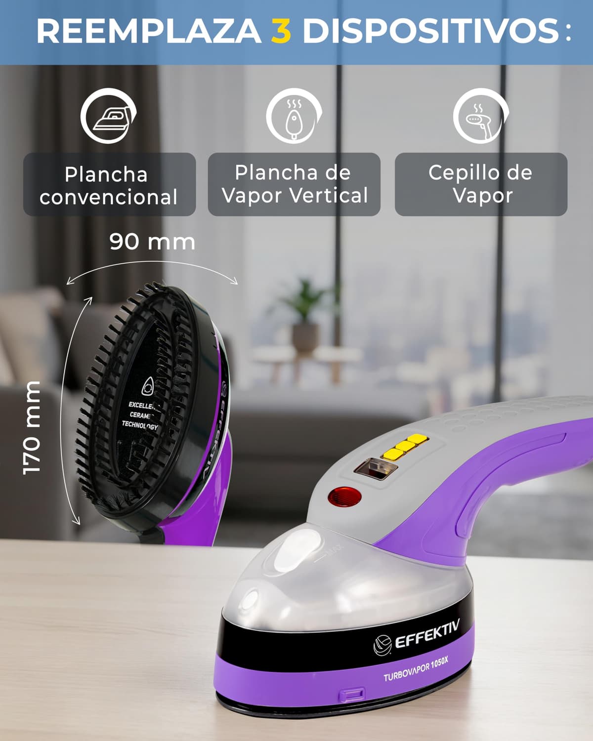 Plancha Vertical Vapor EFFEKTIV, 1800W, 3 en 1 Vapor Vertical Premium, Plancha Ropa con Suela Cerámica, Cepillo de Vapor, Depósito 250ml, Vapor Continuo 750mg/sec, Pantalla led, Autoapagado, Cable 3m — view 4