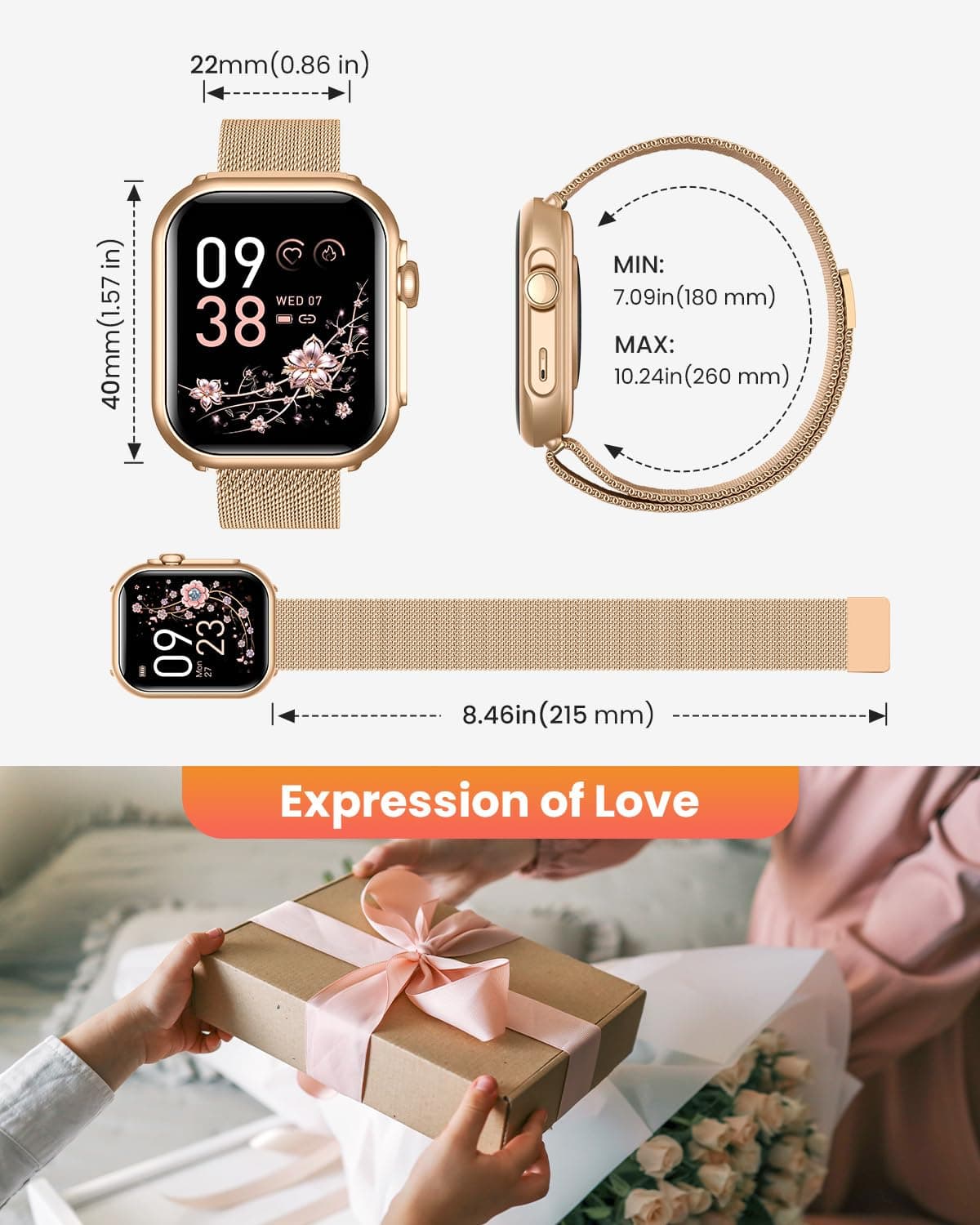Reloj Inteligente Mujer con Autonomía 100 Días, 1000mAh Batería Grande, 1.83" Smartwatch Mujer con Llamadas, SpO2, Pulsómetro, Sueño, 120+ Modos Deportivos Calorías IP68 Podómetro Android iOS Rosa Oro — view 8