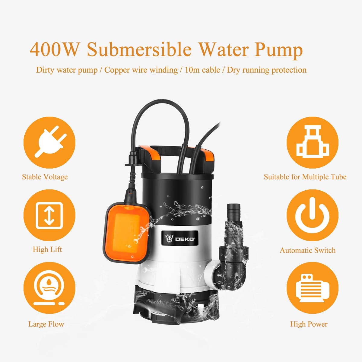 DEKO 400W Bomba de aguas sucias con interruptor de flotador y flujo máximo de 8000L / H, cuerpos extraños hasta 35 mm, para riego de piscinas, bañeras y jardines — view 5