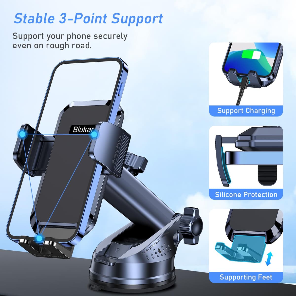 Blukar Car Phone Holder, Adjustable Car Phone Mount 360° Rotation for Dashboard/Windscreen, Upgraded Strong Suction - One Button Release Automobile Cradle for iPhone 4.0''-7.0'' Smartphones — view 4