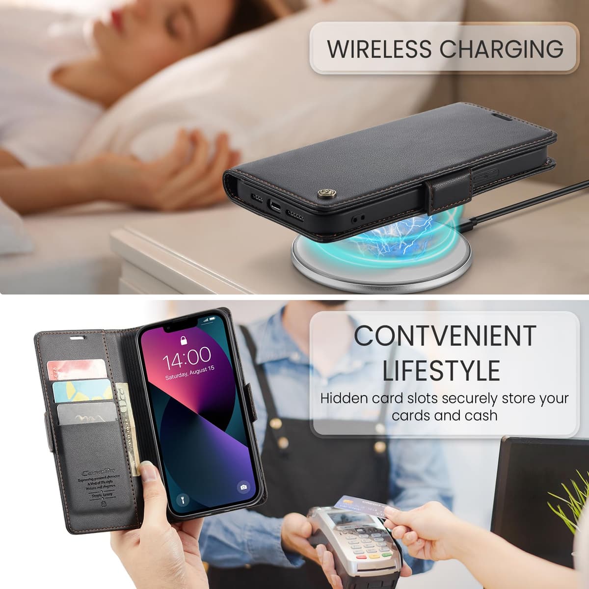 Funda para iPhone 13 6.1", Funda de Cierre Magnético, Cartera de Cuero PU con [Bloqueo RFID], Soporte, Ranura para Tarjetas, Carcasa de Libro, Case para iPhone 13,Negro — view 4