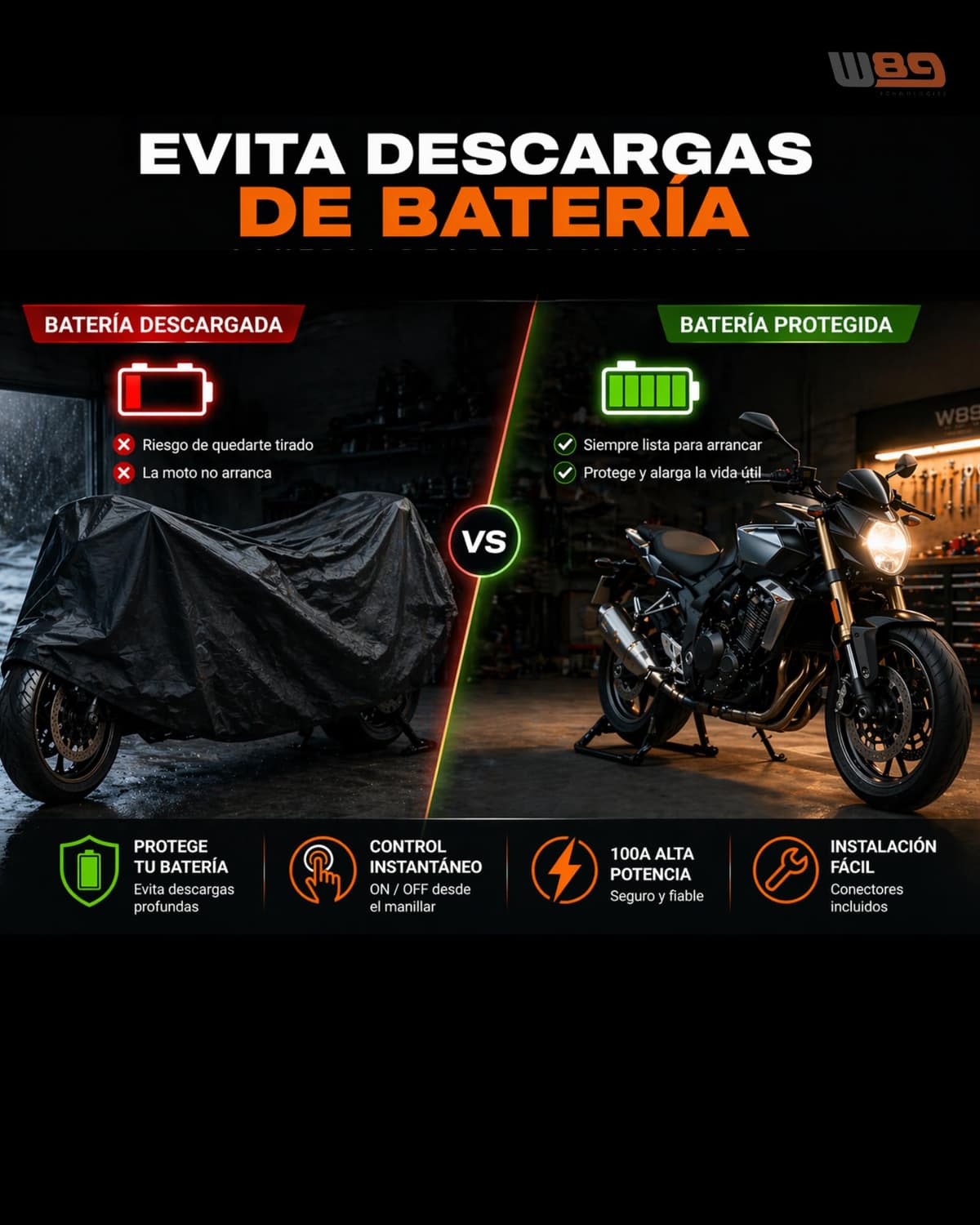 W89 Desconectador de Batería para Moto 12V | Interruptor Corte Corriente sin Consumo (0W) | Kit Completo | 100A Plug & Play (Ubicación Libre) — view 2