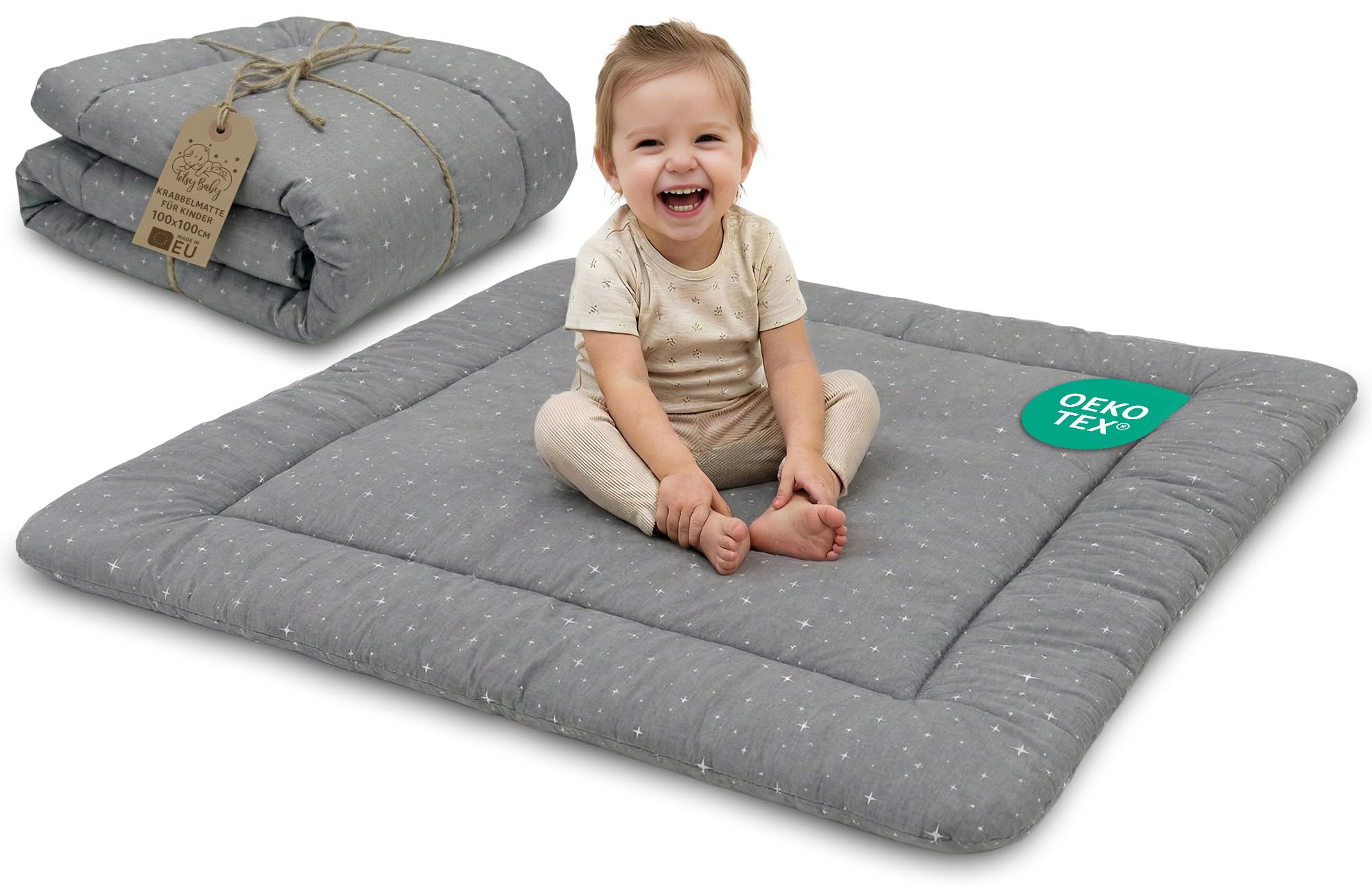 Play Mat for Baby Cotton Playmat Foldable Large - Soft Padded Floor Rug for Kids and Babies Washable Portable mat for Nursery Oeko-Tex certified — view 9