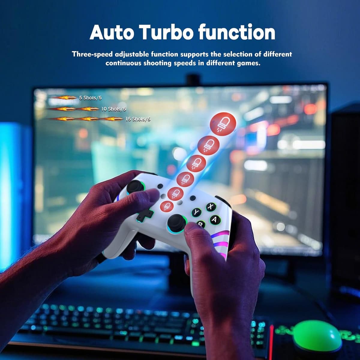 MYSTILUCK Mando Inalámbrico Pro para Switch/Switch 2/Lite/OLED/PC, Controller con Iluminación RGB Cambiante 7 Colores/Joystic — view 2