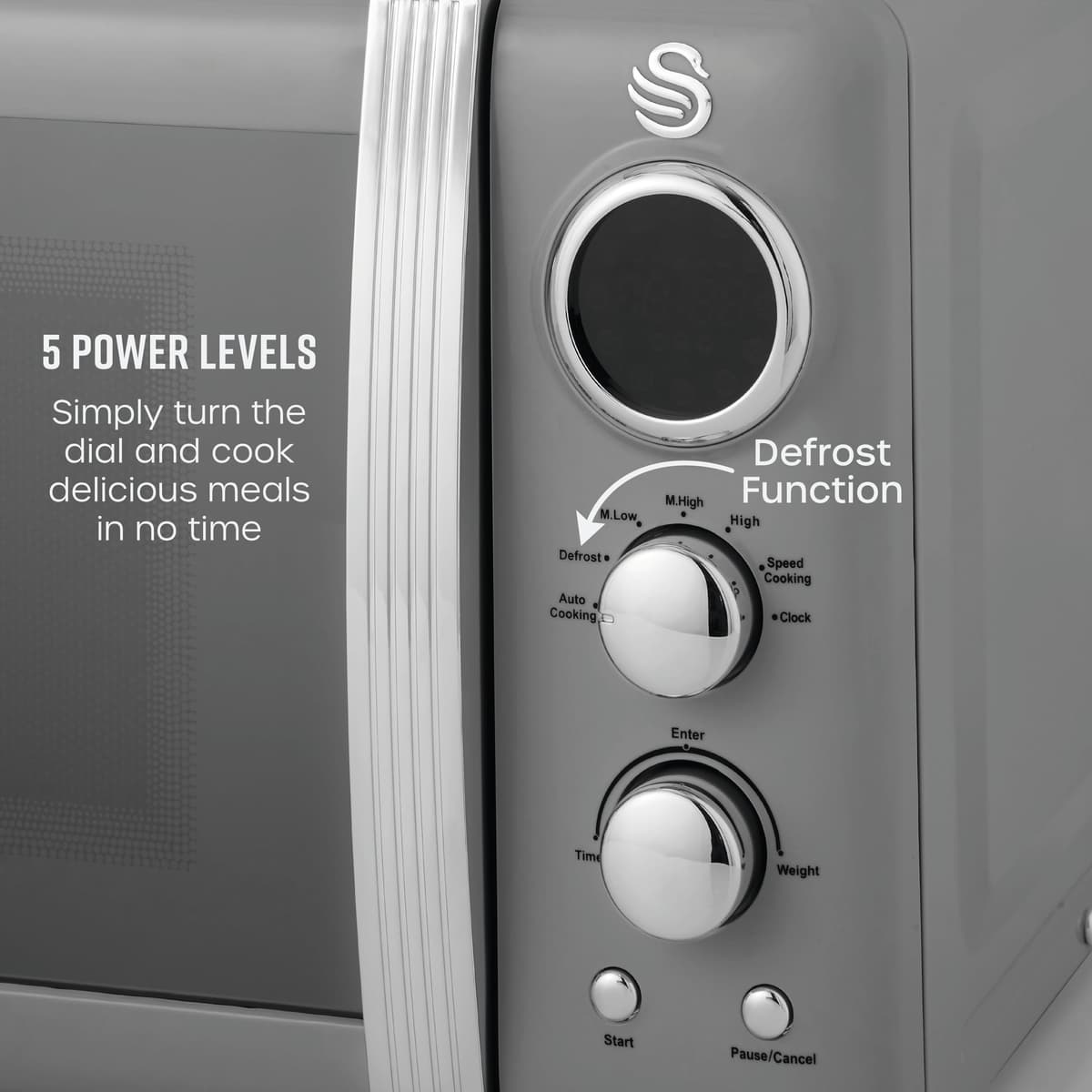 Swan Retro LED Digital Microwave Grey, 20L, 800W, 6 Power Levels Including Defrost Setting, SM22030LGRN — view 3