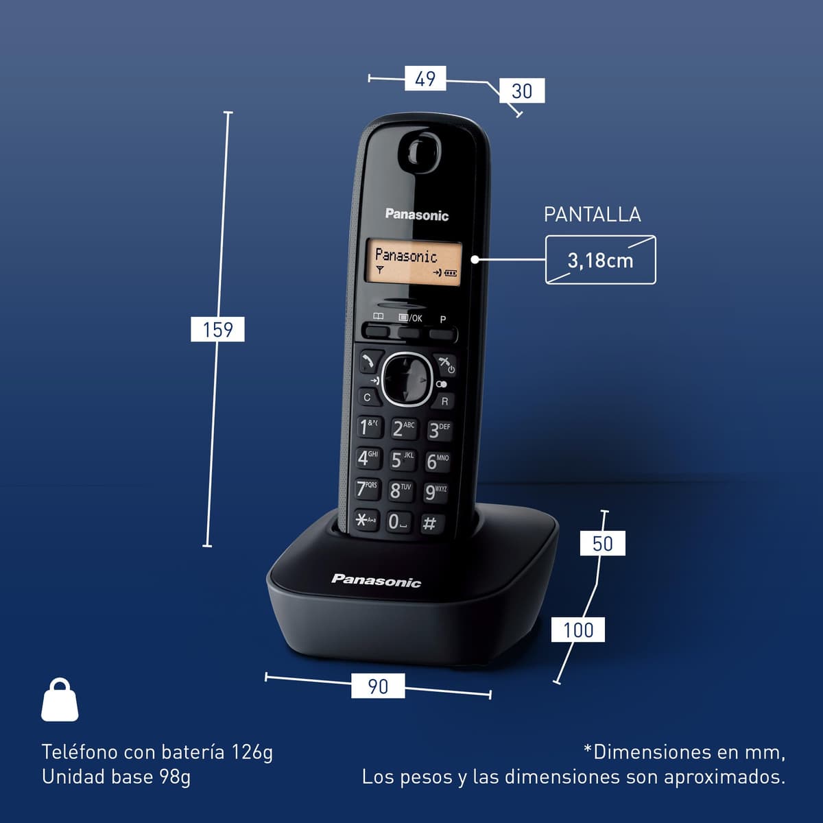 Panasonic KX-TG1611SPH - Teléfono Fijo Inalámbrico DECT, LCD, Identificador de Llamadas, Agenda de 50 Números, Tecla de Navegación, Alarma, Reloj, color Negro — view 6