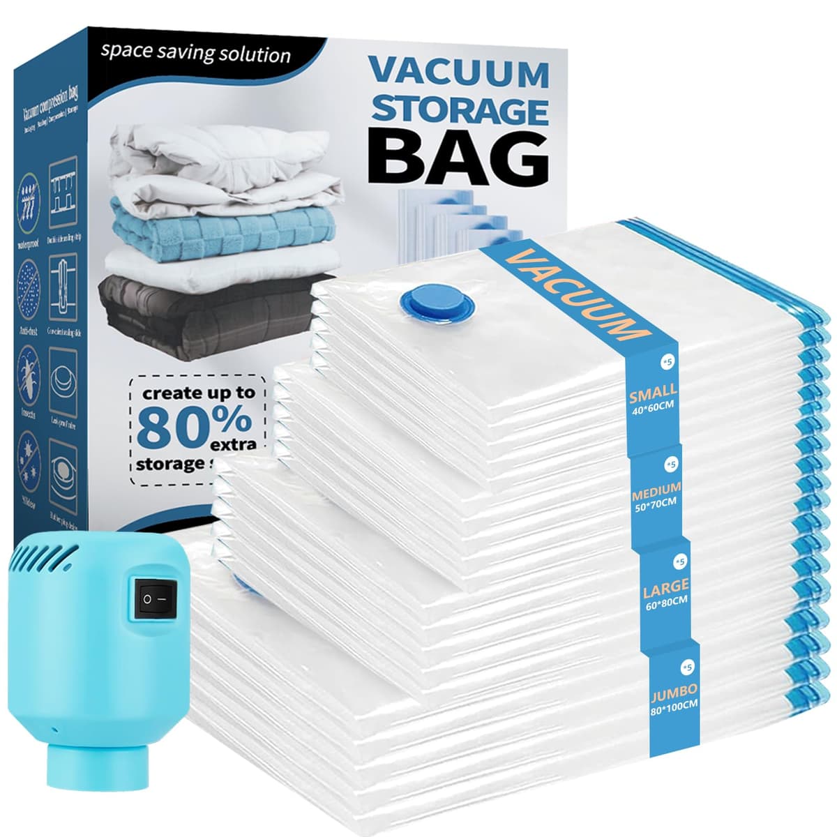 Bolsas de Vacío Ropa con Bomba Eléctrica, 20 Piezas Bolsas Vacío Para Ropa 5XL+5L+5M+5S para Guardar Ropa, Ropa de Cama, Almohadas, Mantas, Edredones, Bolsas ahorradoras de espacio