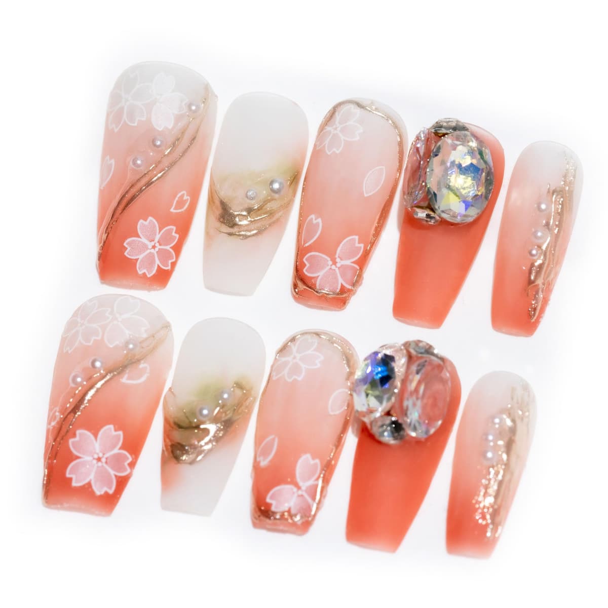 Sun&Beam Nails Handmade Press On Nail Long Coffin Ballerina Pink Flower Acrylic Fake Tip 3D Design Art Charms Cute with Storage Box 10 Pcs (S) — view 214