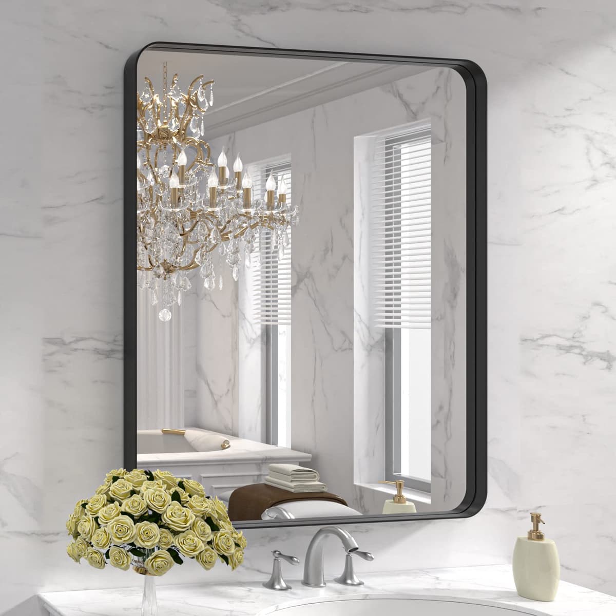 LOAAO 48”X36” Gold Bathroom Mirror, Rounded Rectangle Gold Frame Mirror, Brushed Gold Bathroom Vanity Mirror Wall-Mounted, Anti-Rust, Tempered Glass, Hangs Horizontally or Vertically — view 55