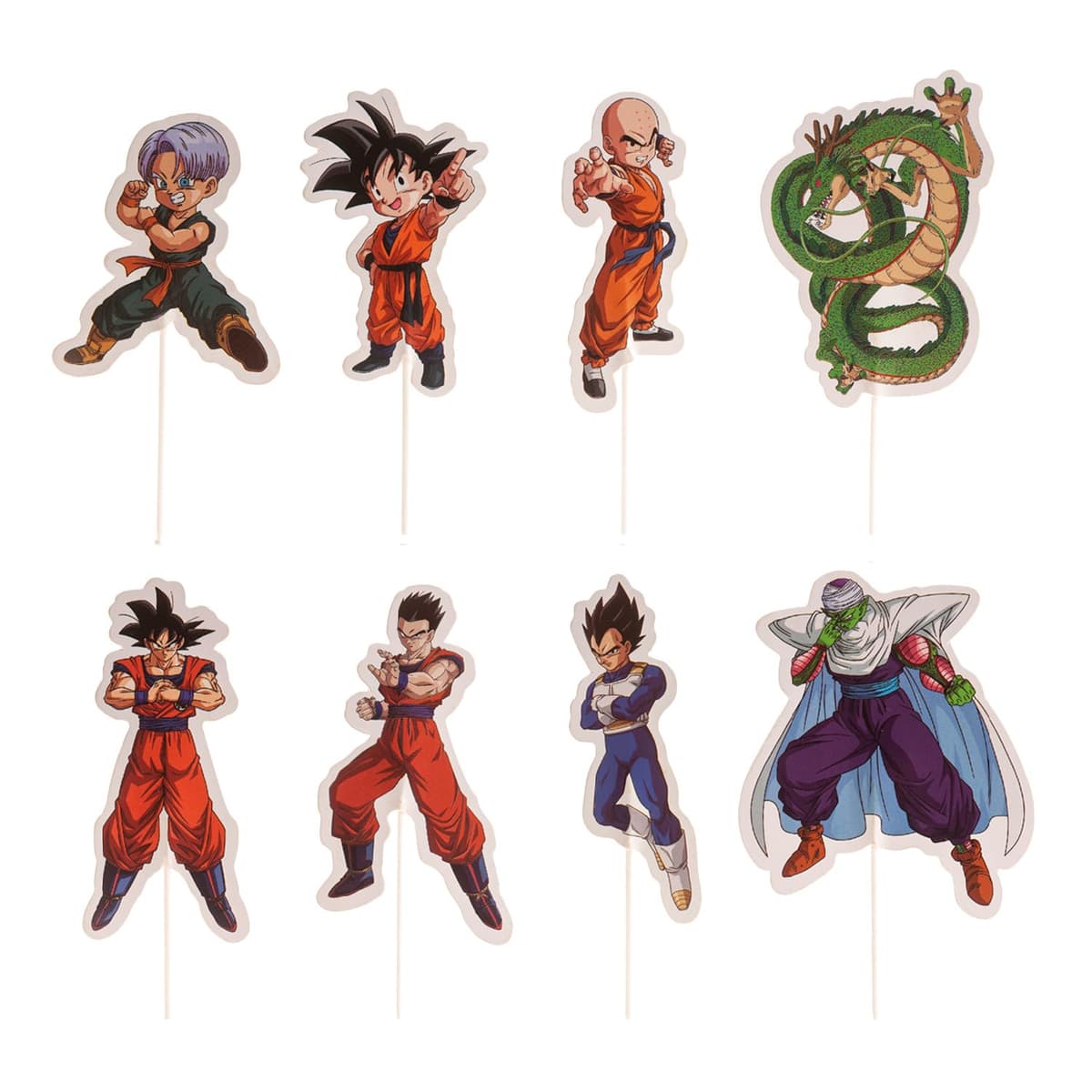 Cake Toppers Dragon Ball 16 Unidades – Decoración cupcakes y tartas, papel apto para contacto alimentario, 8 diseños con Goku, Vegeta, Piccolo, Krilin, Trunks y Shenron