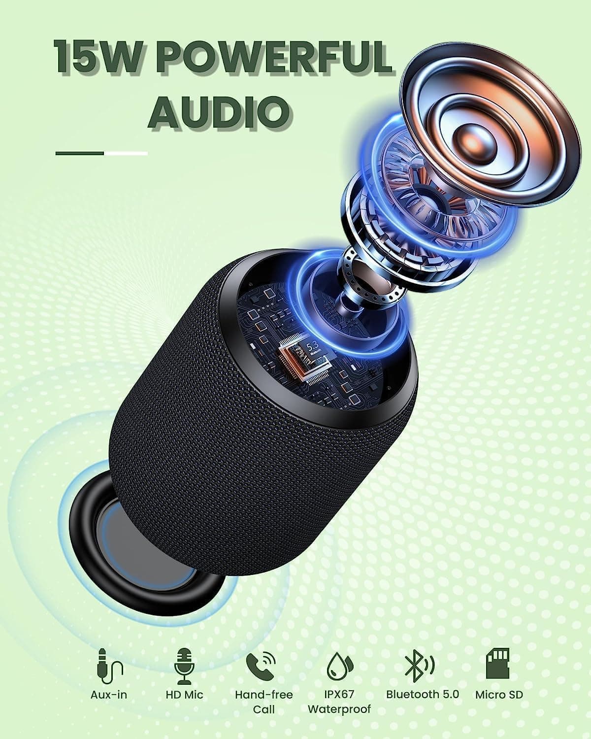 NOTABRICK Bluetooth Speaker with15W, IPX67 Waterproof Portable Speakers Bluetooth Wireless V5.0 — view 2