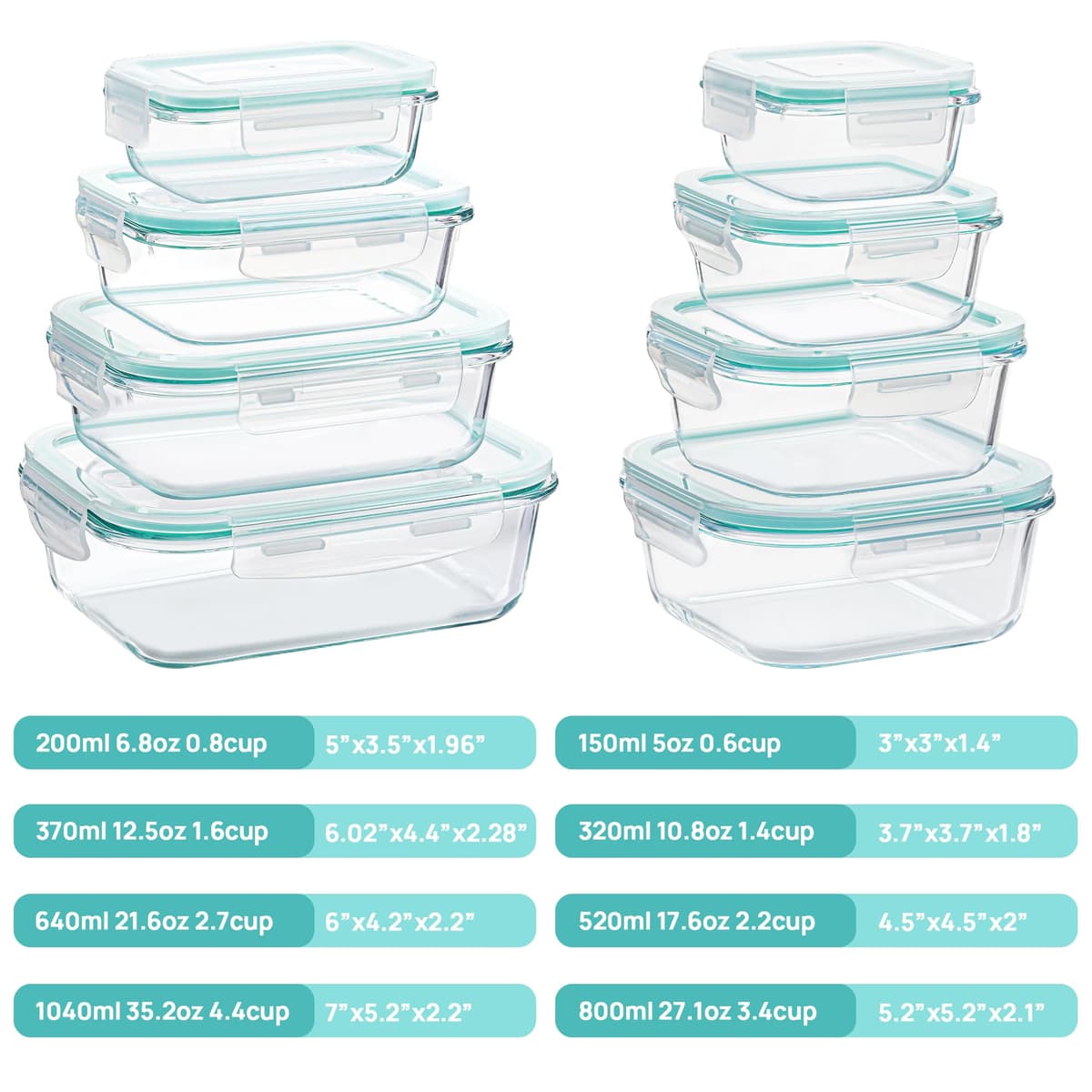 Vtopmart Set de 8 Unidades Recipientes de Cristal para Alimentos, Recipientes de Vidrio Hermeticos con Tapa, Reutilizables, Apilables, Apto Lavavajillas y Microondas,Libre de BPA — view 2