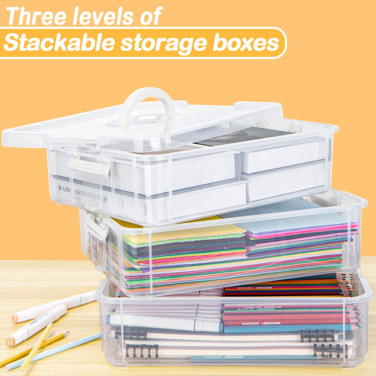 Creahaus 3 Layer Plastic Stackable Storage Boxes with Lid & Carry Handle,Storage Containers Multipurpose Portable Clear Organizer Carry Box for Organizing Art Craft,Sewing, Bead, Tool (Whter — view 5