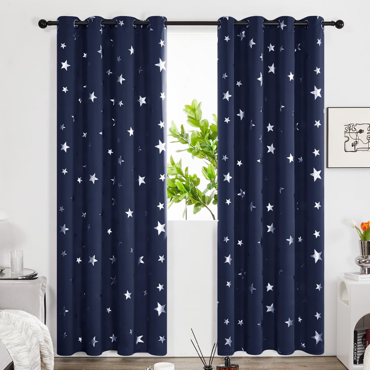 Deconovo Navy Blue Curtains for Living Room Super Soft Thermal Insulated Star Foil Printed Eyelet Blackout Curtains 46 x 54 Inch 2 Panels — view 11