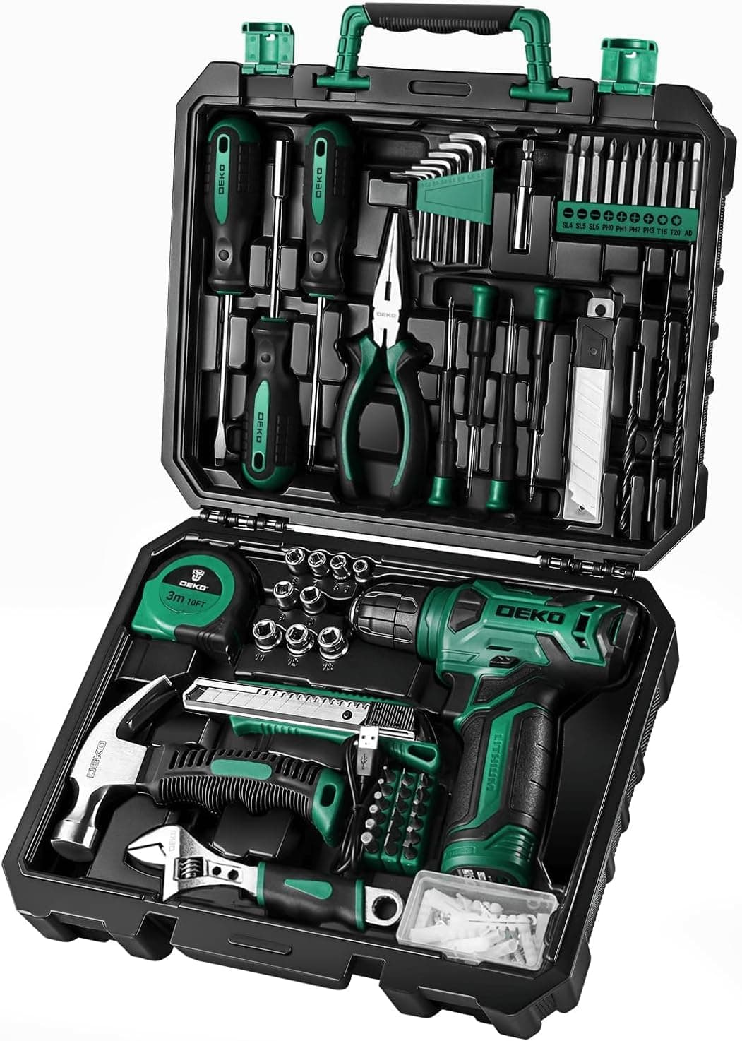 DEKO Caja Herramientas Completa con Destornillador Electrico/Taladro con bateria de 8V, Maletin de 126 Piezas, Caja profesional de herramientas Domésticas de Bricolaje para Oficinas y Jardín,Verde — view 6