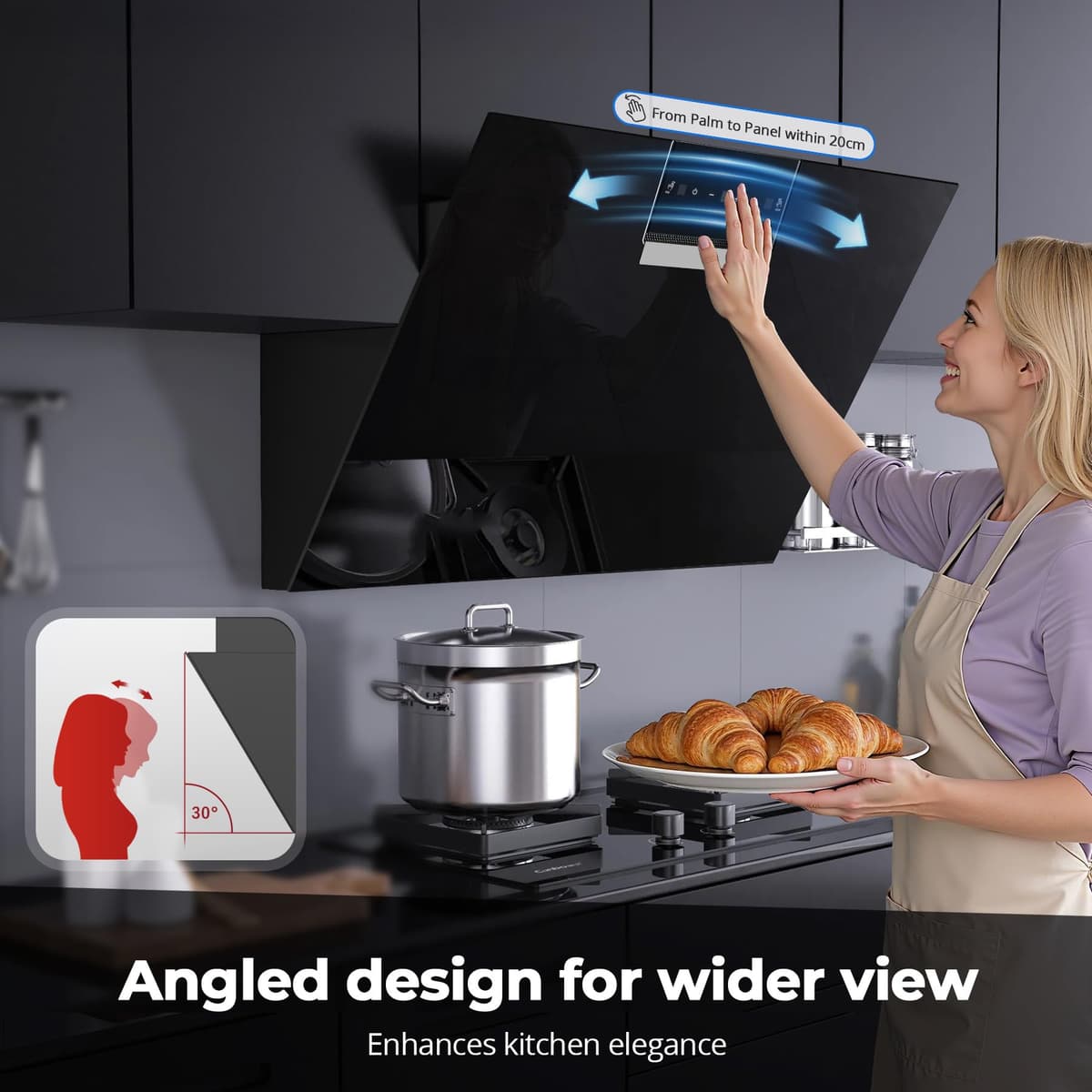 SNDOAS Cooker Hood 60cm, 800 m³/h Kitchen Extractor Fan, Recirculating & Ducting Modes with Carbon Filters, Class A+++ Extractor Hood, Black Glass Touch Control with 3 Speed + Booster — view 5