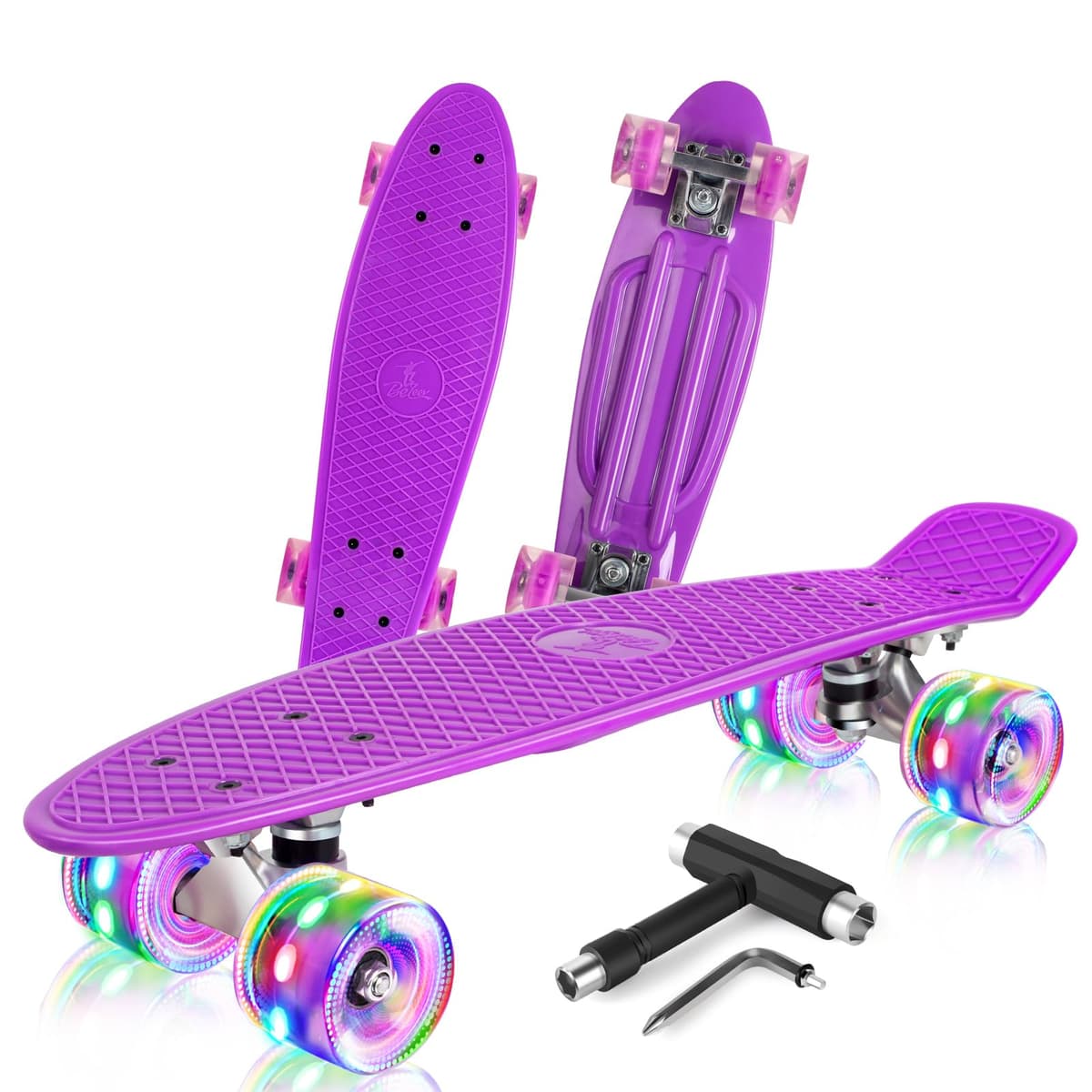 BELEEV Skateboard Complete 22 x 6 Inch Mini, para Niños, Adolescentes, Principiantes, Ruedas con luz LED de PU con Herramienta en T para Patines Todo en Uno, Monopatín 55cm
