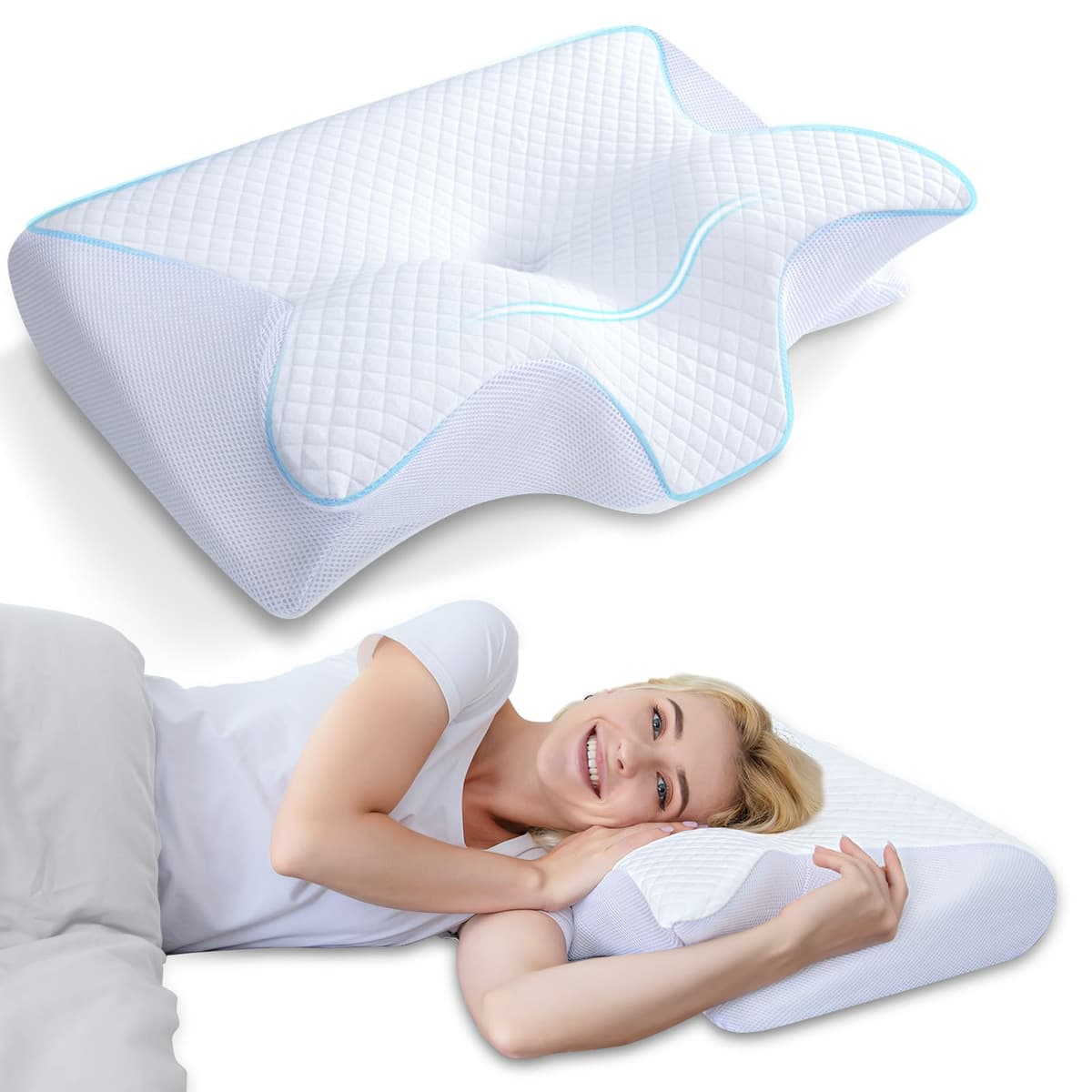 HOMCA Almohada Cervical, 2 en 1 Almohada Ergonómico Espuma de Memoria Almohada para Soporte de Cabeza/Cuello/Hombro, Relajación y Alivio del Estrés, 60x40x12/14cm