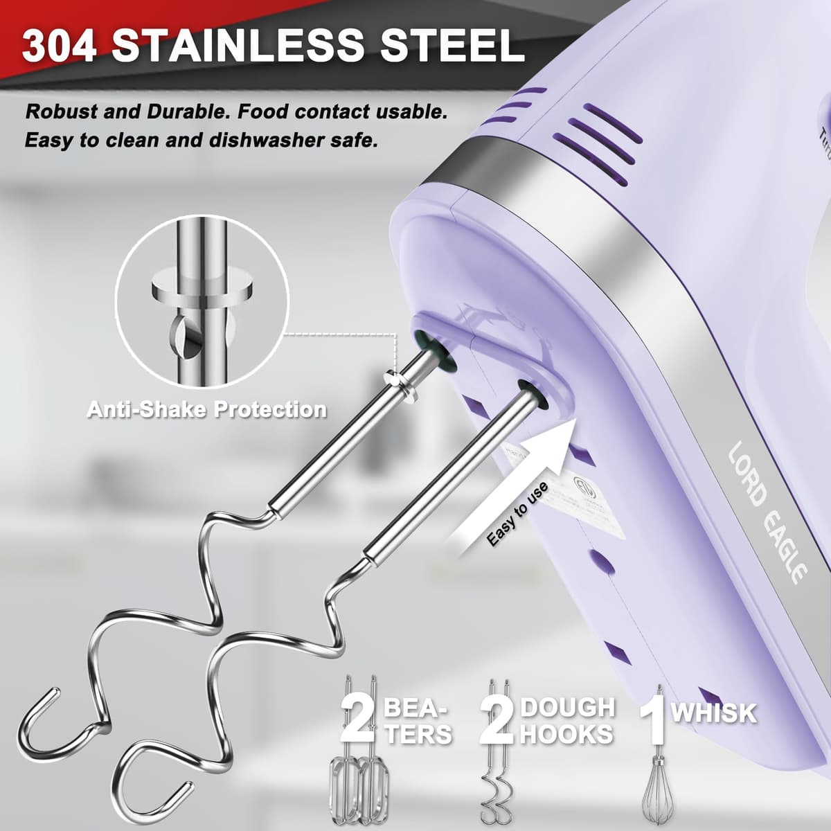 Lord Eagle Hand Mixer Electric Whisk, 400W Power Handheld Mixer for Baking Cake Egg Cream Food Beater, Turbo Boost/Self-Control Speed + 5 Speed + Eject Button + 5 Accessories, Purple — view 2