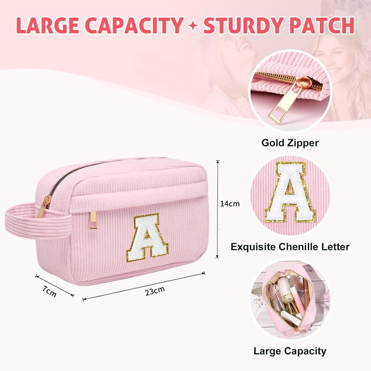 Neceser Maquillaje Mujer Personalizado Inicial, Bolsa de Cosméticos de Viaje, Gran Capacidad Neceser de Maquillaje de Pana, Regalo Cumpleaños Navidad para Mujeres Novias Mejores Amigas, Rosa P — view 2