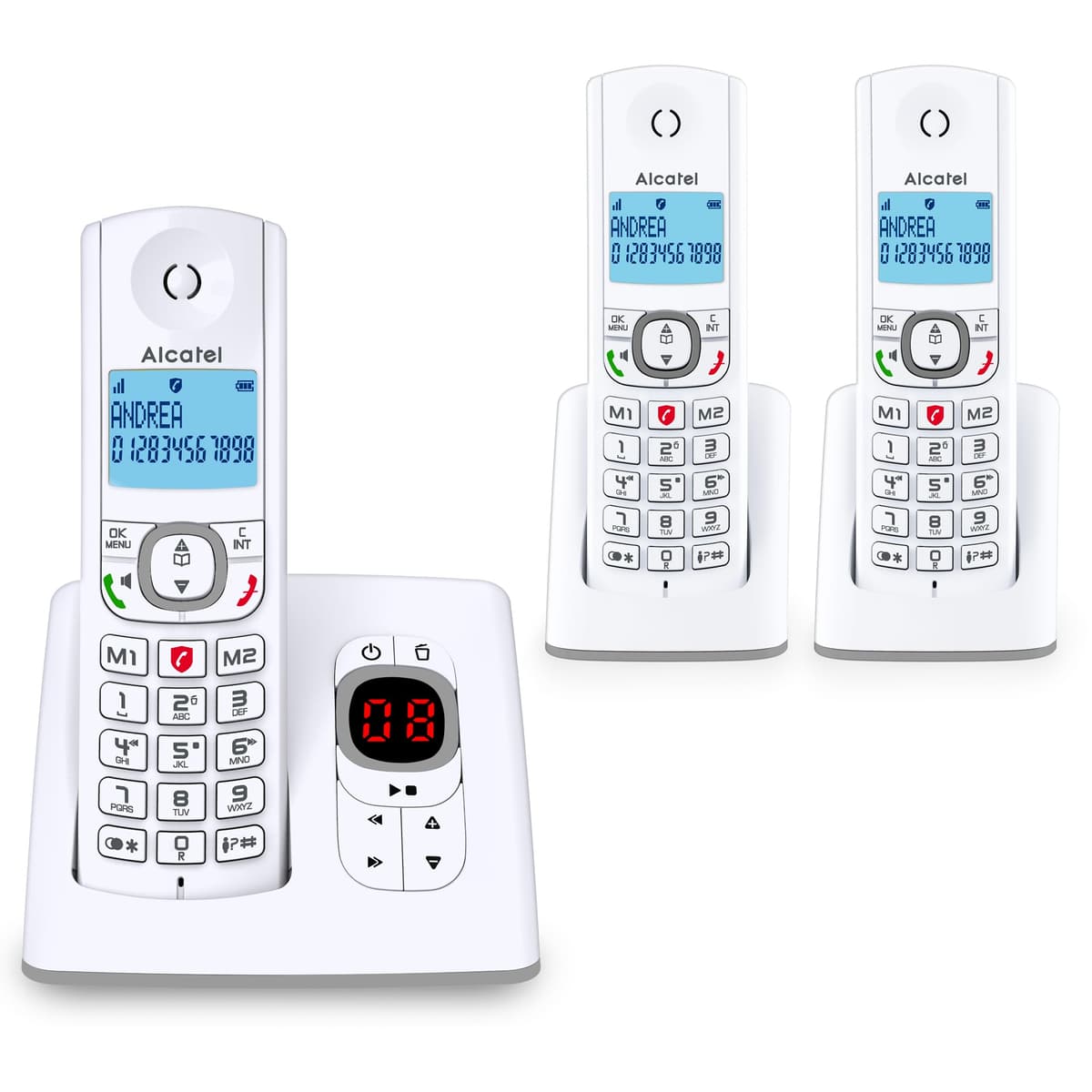ALCATEL Voice Trío - Teléfono inalámbrico DECTcon contestador automático - Gran pantalla retroiluminada - Altavoz - Bloqueo de llamadas - 2 teclas de memoria directa - 3 teléfonos - Blanco/Gris