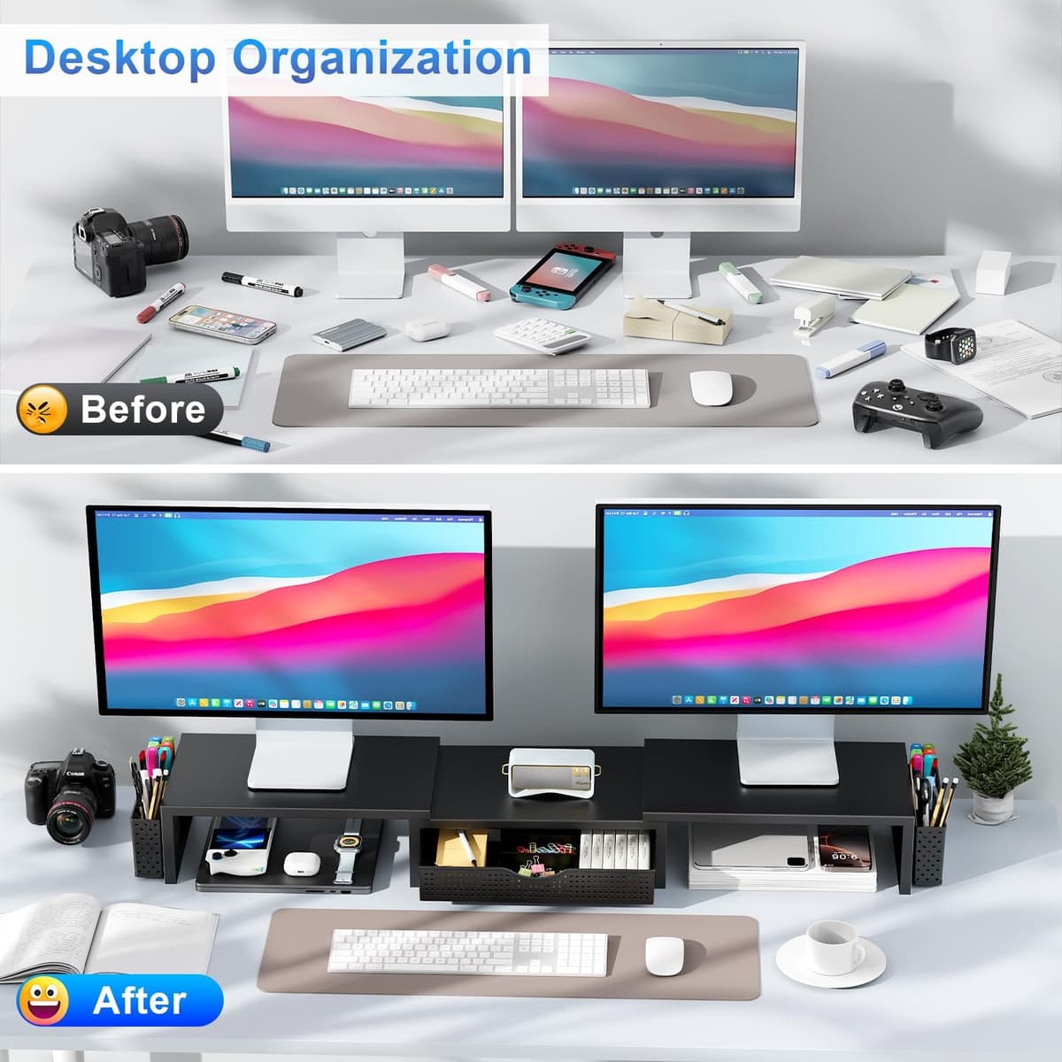 Dual Monitor Stand Riser, Metal Desk Accessories with Drawer and 2 Pen Holder, Adjustable Length and Angle - Computer Monitor Stand for Screen, Computer, Printer (Black) — view 2