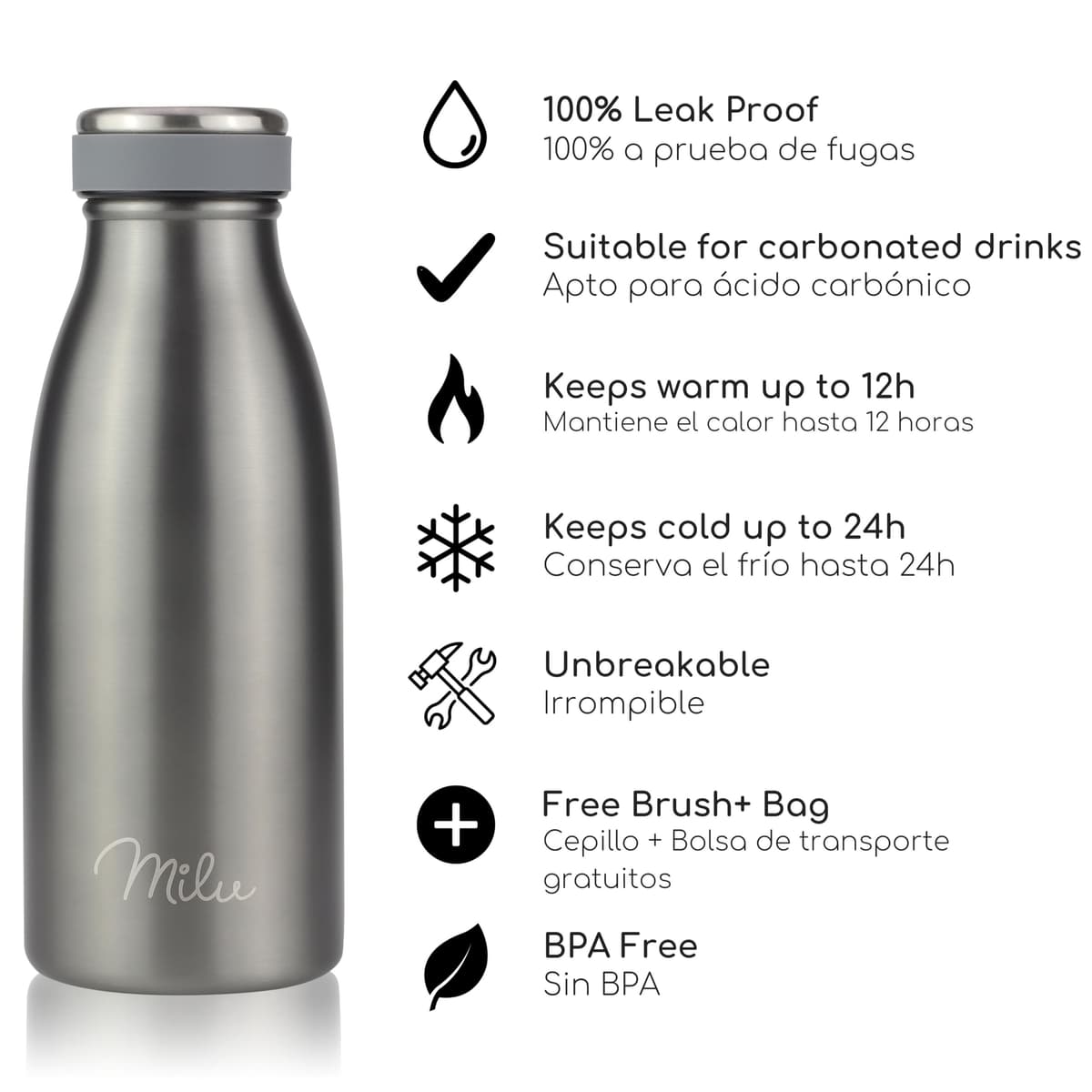 Milu Botella de acero inoxidable de 350ml 500ml 750 ml 1 L 1,5 L botella de agua aislada, termo a prueba de fugas, doble pared, apta para ácido carbónico + cepillo de limpieza (Azul Violeta, 350ml) — view 211