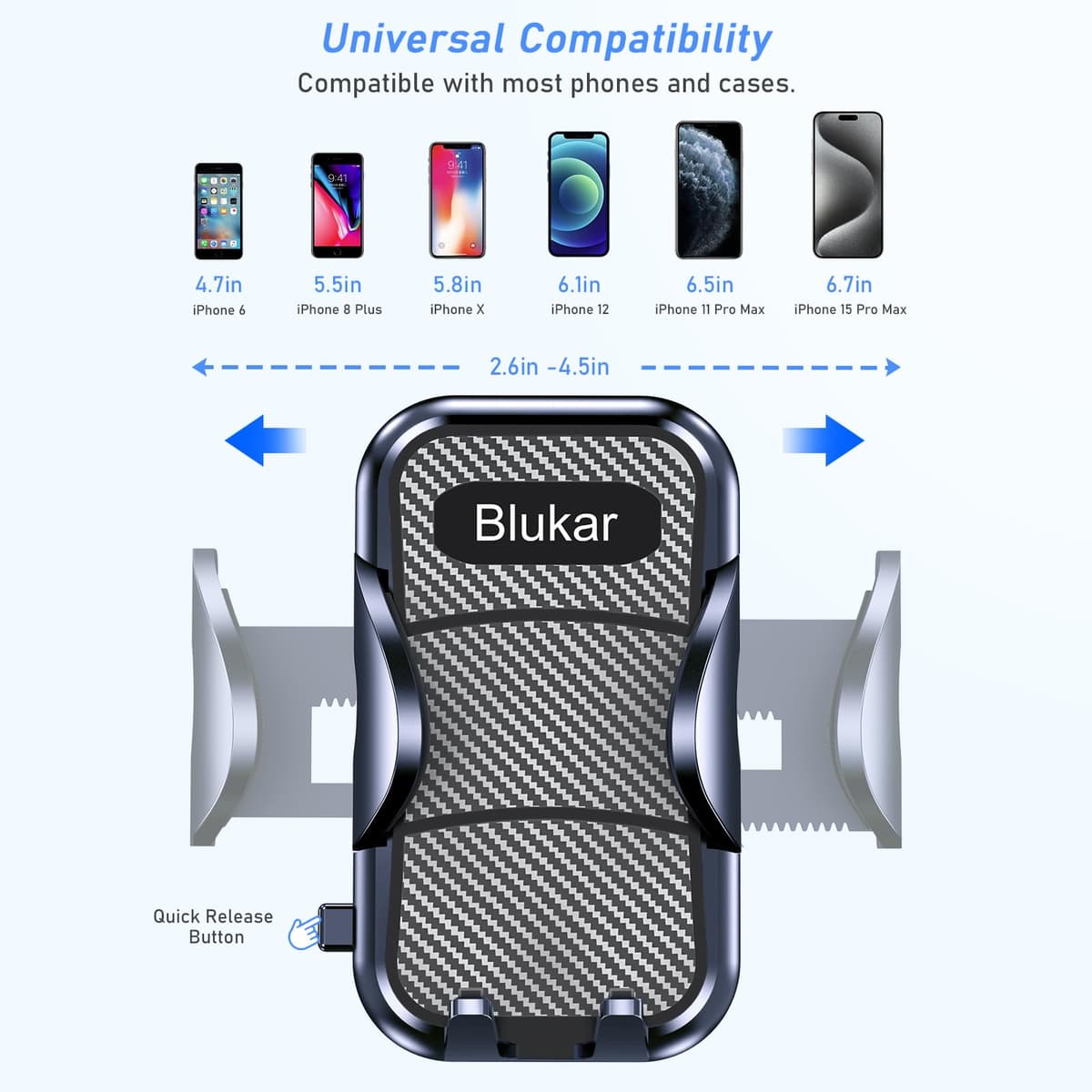 Blukar Car Phone Holder, Adjustable Car Phone Mount Cradle 360° Rotation - 4 in 1 Super Stable for Dashboard/Windscreen/Air Vent, One Button Release for All 4.7 to 6.7 inch Smartphones — view 6