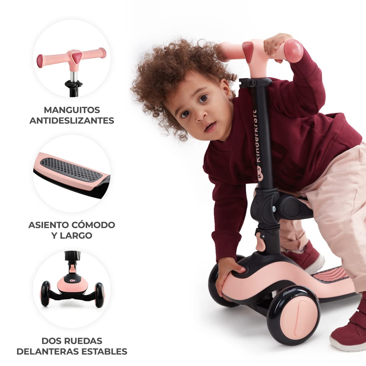 Kinderkraft Halley 2 en 1 Bicicleta sin Pedales y Patinete con Ruedas LED, Manillar Ajustable, Base Antideslizante, Ultraligera y Segura para Niños – Rosa — view 5