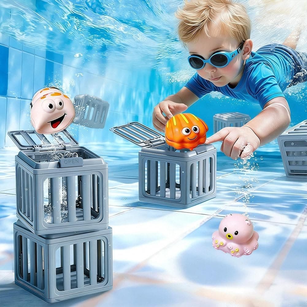 Underwater Dive Rescue Toys, Water Swimming Dive Pool Game, Diving Cages Toy with Animals Floating, DiveCages Floating Sinkies for Kids Swim Training Summer Bath Toys — view 2